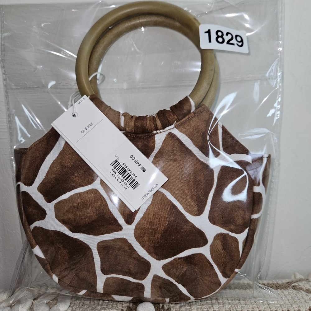 NWT! Janie and Jack Girls Purse Giraffe Wooden Ring Handle Animal Print NEW - Picture 10 of 12